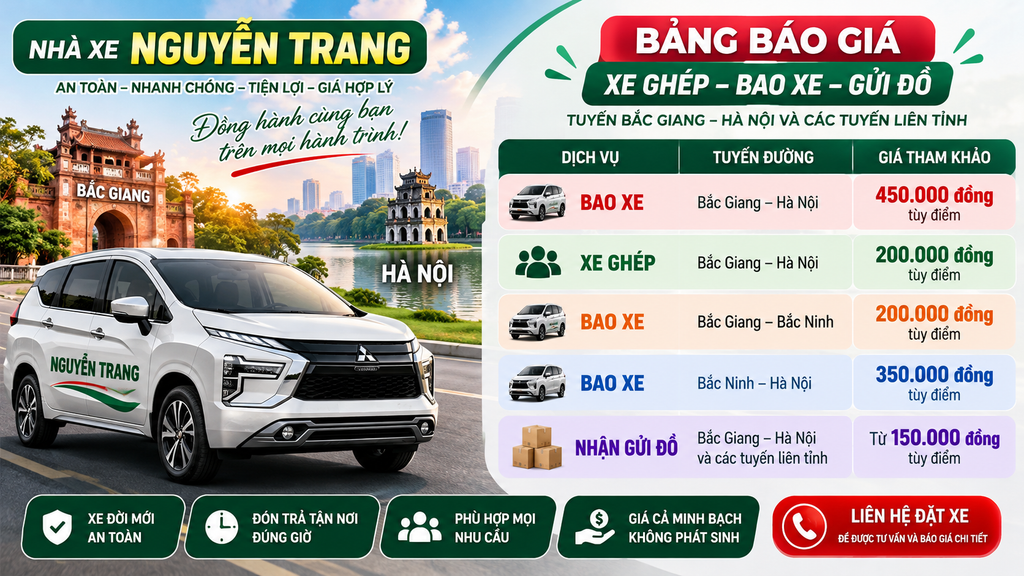 Bảng báo giá xe ghép tuyến Bắc Giang- Hà Nội